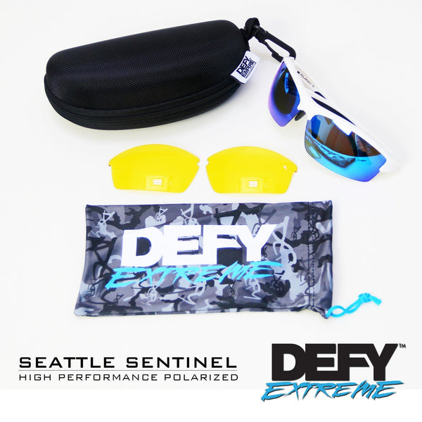 DEFY EMPIRE SEATTLE SENTINEL BLACK CLEAR/BLUE MIRROR POLARIZED SUNGLASS WITH BLUE LIGHT FILTER CLEAR YELLOW LENSES