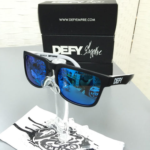 CUSTOMIZED BROOKLYN - MATTE BLACK FRONT AND BLACK/WHITE ARMS/BLUE POLARIZED LENSES SUNGLASS